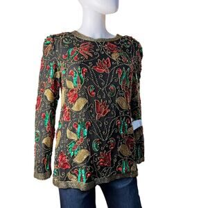 Vintage Joan Leslie Red Green Holiday Sequin Beaded Blouse Top Size M